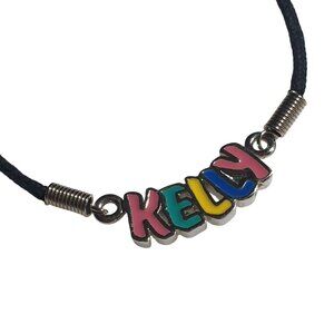 Kelly Name Necklace Black Enamel Pendant Multicolor Letters Silver Tone Accents